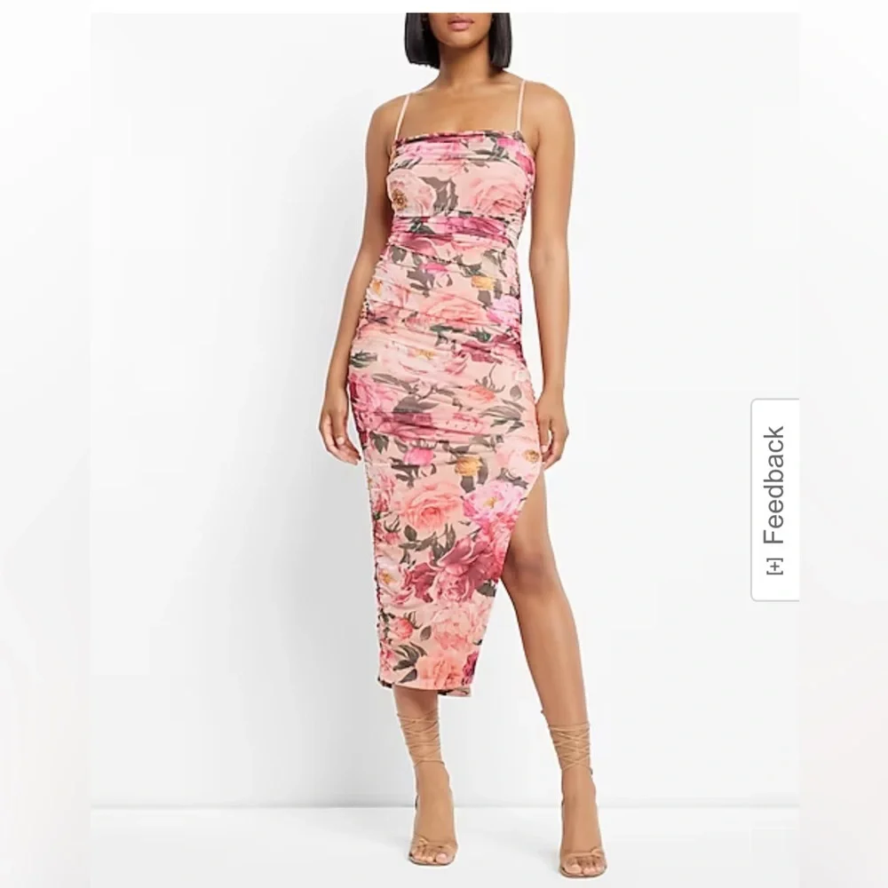 Express Floral Print Ruched Mesh Midi Dress Express Floral Print Ruched Mesh Midi Dress